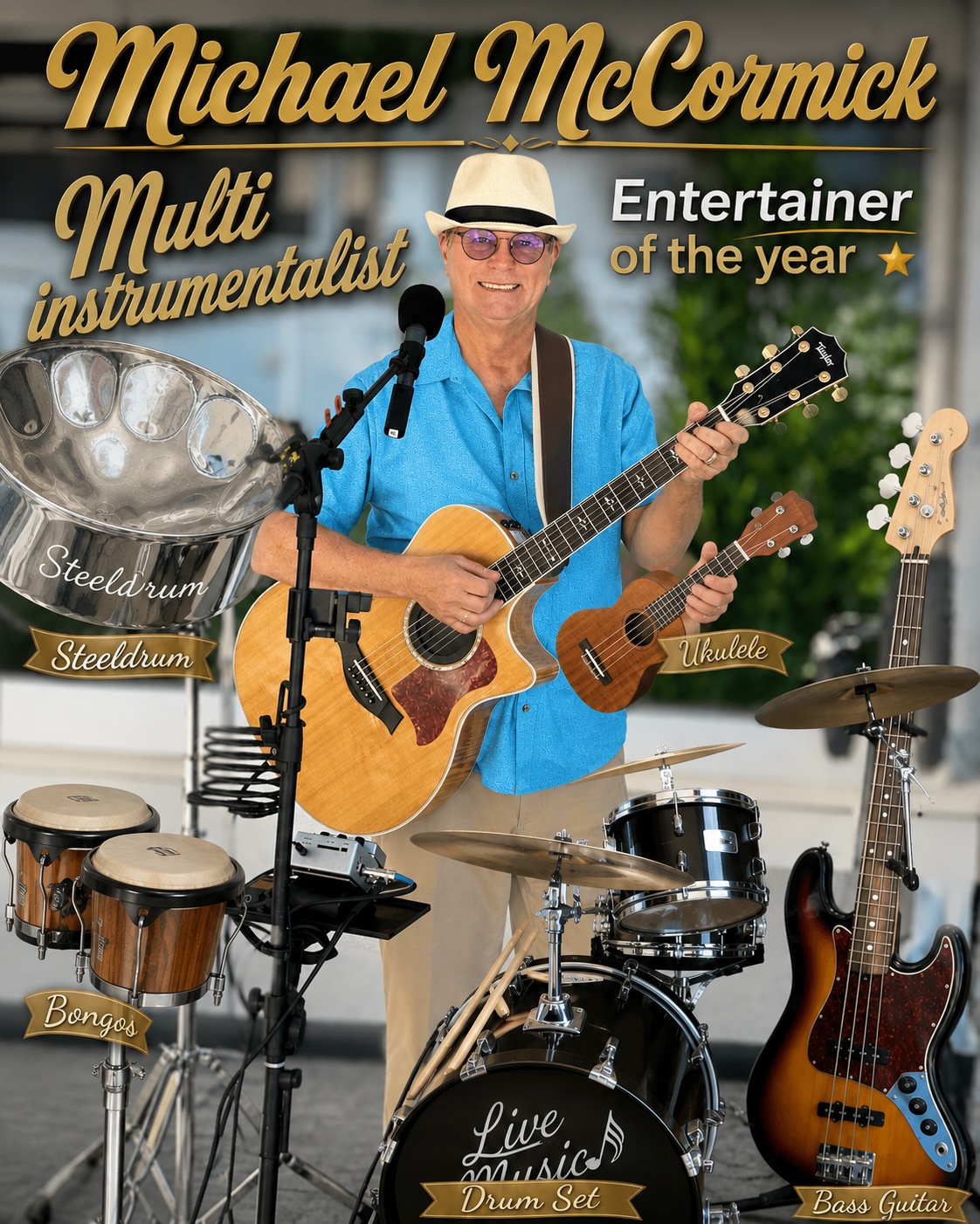 Promotional portrait of Michael McCormick, multi instrumentalist and entertainer of the year, with steel drum, guitar, ukulele, bongos, drum set and bass guitar
