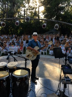 Michael McCormick performing on an outdoor stage with a white electric guitar for a seated crowd